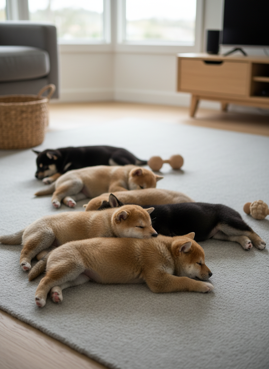 Une portée de chiots Shiba Inu et Shikoku Ken aux couleurs variées – sésame, roux, noir et feu – étendus sur un large tapis en laine gris clair dans un salon minimaliste. Les chiots dorment ou se blottissent les uns contre les autres, pelages denses et brillants, coussinets roses bien visibles. Autour d’eux, quelques jouets en bois naturel et un panier en osier ajoutent une touche chaleureuse. La pièce, baignée de lumière naturelle filtrée par une grande baie vitrée, crée des ombres douces et un bokeh discret sur un fond de mobilier en bois clair. Prise de vue légèrement en plongée, style photographique moderne, atmosphère tendre, sereine et haut de gamme.