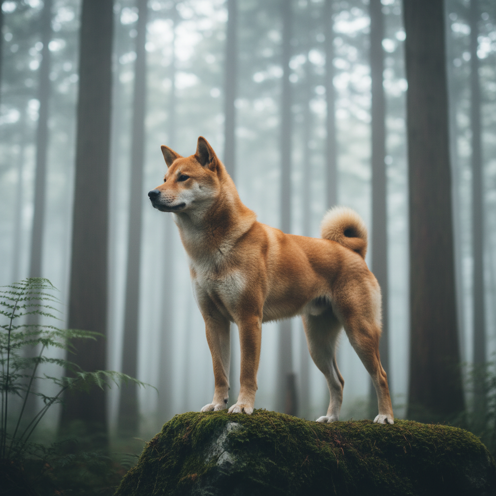 Un Shikoku Ken adulte au pelage sésame intense, musclé et parfaitement proportionné, posé sur un petit promontoire rocheux couvert de mousse dans une forêt japonaise brumeuse. Le chien regarde au loin, silhouette fière, queue en faucille, muscles subtilement dessinés sous le pelage. Autour, des troncs de cèdres élancés et un sous-bois de fougères se perdent dans un flou artistique. La lumière du matin, légèrement diffuse à travers la brume, crée un halo sophistiqué autour de la silhouette et des reflets argentés sur le pelage. Composition cinématographique en contre-plongée douce, profondeur de champ marquée, photographie réaliste avec une atmosphère mystérieuse, noble et contemplative.