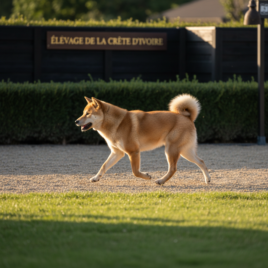 Une scène extérieure dans un enclos paysager de l’élevage, avec un Shikoku Ken sésame en mouvement au trot souple, capturé en pleine foulée. Le sol est un mélange d’herbe verte et de gravier fin beige, parfaitement entretenu. En arrière-plan, clôtures en bois sombre et haies taillées, ainsi qu’un panneau discret portant le nom de l’élevage en typographie élégante, restent légèrement flous. Lumière dorée de fin de journée, créant un filet lumineux sur le dos du chien et des ombres allongées. Prise de vue en filé léger, angle légèrement bas, accent sur la dynamique et l’allure. Style photographique réaliste, ambiance sportive mais raffinée.