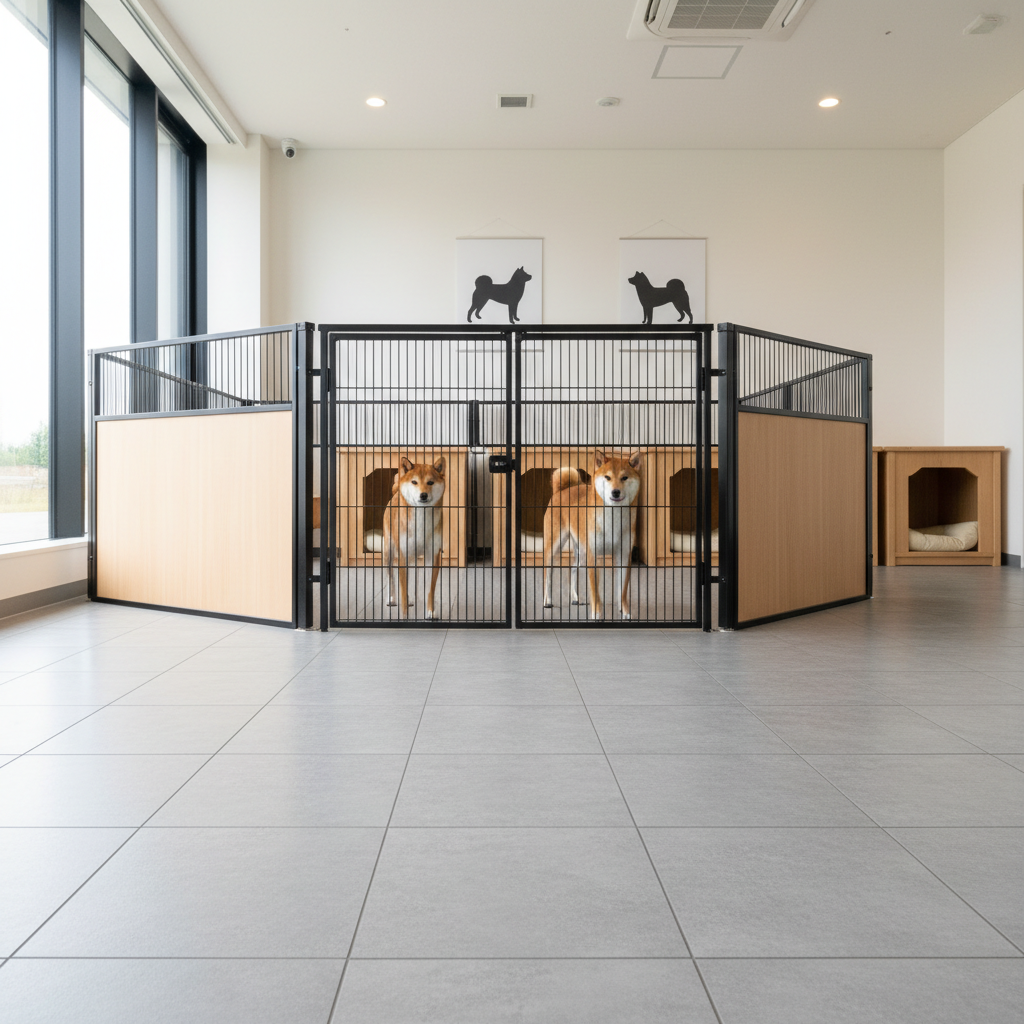 Un intérieur d’élevage haut de gamme pour primitifs japonais, impeccablement propre, avec un vaste parc intérieur en métal noir mat et bois clair, où se tient un couple de Shiba Inu adultes au pelage brillant. Le sol en carrelage large gris pierre reflète légèrement la lumière naturelle qui entre par de grandes fenêtres. Au fond, des caisses de repos en bois clair avec coussins crème, affiches minimalistes de silhouettes de Shiba et Shikoku accrochées au mur. Lumière de fin de matinée, douce et diffuse, créant un rendu lumineux et rassurant. Photo prise à hauteur de chien, composition centrée, style contemporain, réaliste, ambiance professionnelle, sereine et sophistiquée.