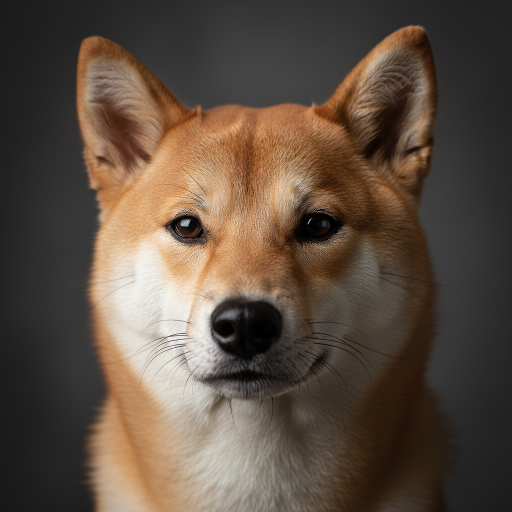 Un gros plan très détaillé sur la tête d’un Shiba Inu roux, au regard vif et expression typique, devant un fond neutre gris foncé légèrement texturé. Le pelage dense autour du cou, les moustaches délicates, le nez noir brillant et les yeux sombres parfaitement nets contrastent avec un arrière-plan doux et flou. Une lumière de studio latérale, chaude mais subtile, sculpte les volumes du visage et fait ressortir la texture du pelage sans brillance excessive. Composition serrée verticale, mise au point sur les yeux, profondeur de champ très réduite créant un bokeh élégant. Style portrait photographique haut de gamme, minimaliste, mettant en valeur la noblesse et la pureté de la race.